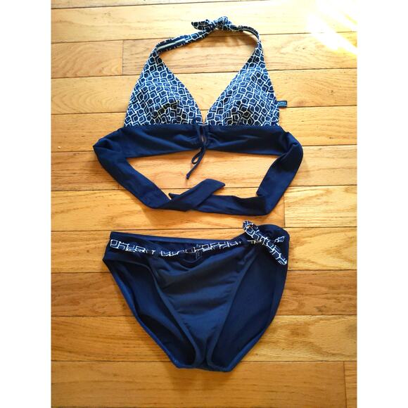 Nautica Navy Blue Bikini Set Geometric Print Halter Triangle Top Medium Swimwear - Picture 1 of 7
